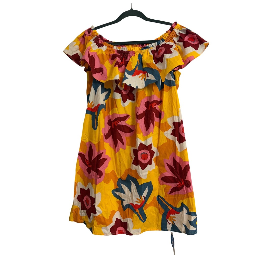 Tropical‎ Cupshe XL Yellow Floral Off The Shoulder Ruffle Cotton Mini Dress NWT